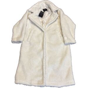 Fabletics Teddy Long Coat Medium Bone Sherpa Plush Lined Open Front - NWT $129
